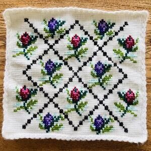 Vtg Completed Needlepoint Pink Purple Green Flowers pillow Cover White Handmade
